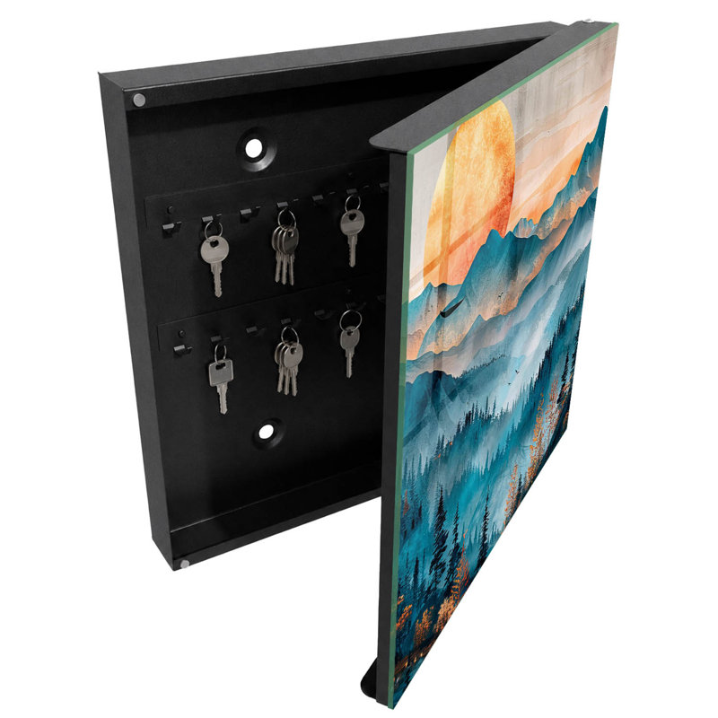 Key box, Opens to the right, 30x30x5, Black, A stunning landscape with mountains and sun, 