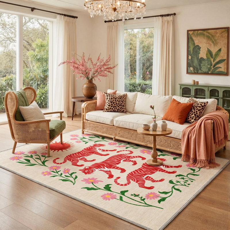 Abraham Tigris Floral Machine Washable Beige / Red Indoor Area Rug with Non-Slip Backing, Round 5'