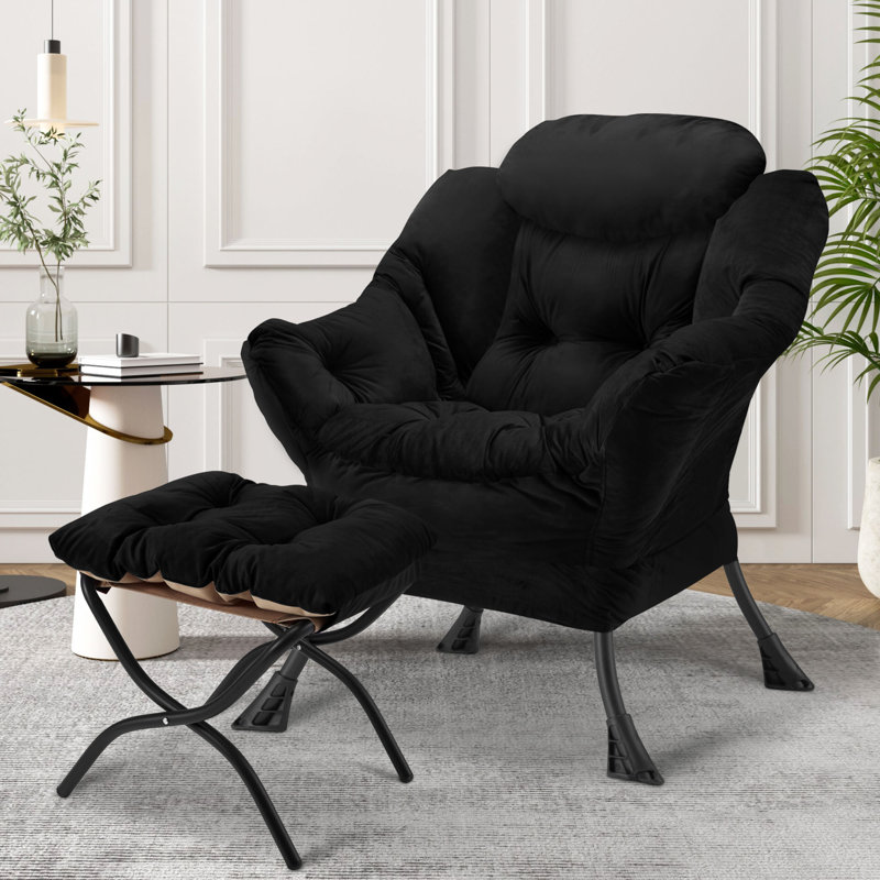 Lazy Chair With Folding Ottoman,Thick Padded Modern Accent Armchair,Upholstered Leisure Sofa Chair With Armrest,Reading Chair With Footstool For Bedroom,Living Room