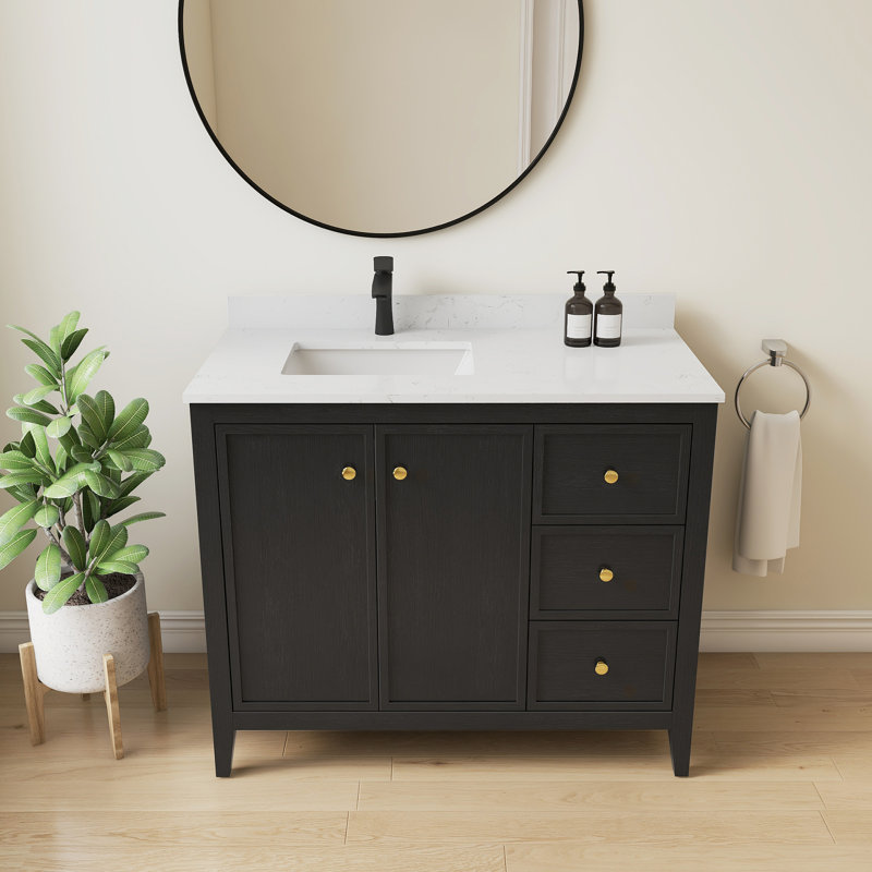 Meuble-lavabo simple autoportant de 42 po avec plateau en granit blanc entièrement assemblé
