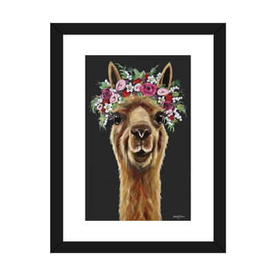 " Fiona The Alpaca With Flower Crown On Black " by Hippie Hound Studios