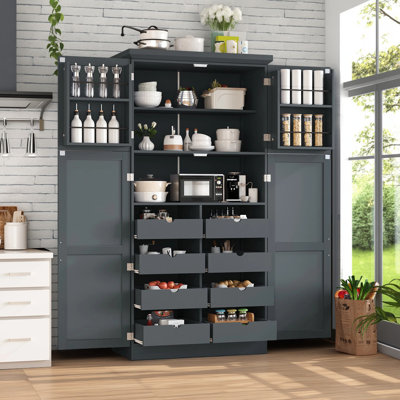 70.9" Tall Freestanding Kitchen Pantry Cabinet with Pull-Out Trays, Shaker Style Storage Cabinet with Adjustable Shelf & Door Shelves for Kitchen & Dining Room