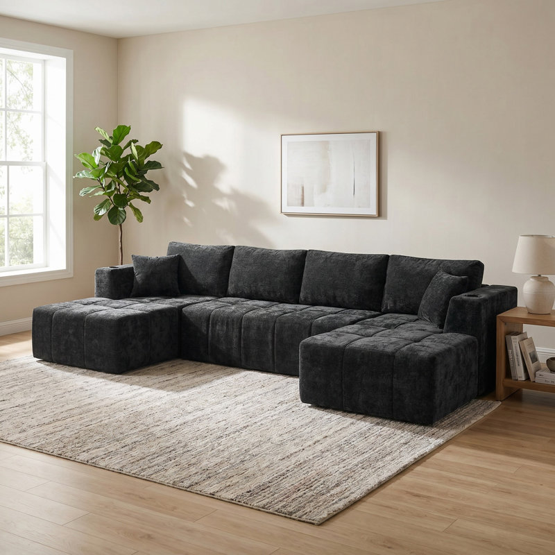 Canapé modulaire en chenille de 132,02 po en U, canapé modulaire à compression avec salons modulaires, canapé rembourré moderne avec porte-gobelets et poches latérales pour le salon
