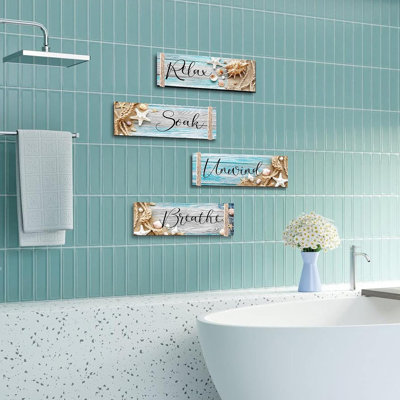 Ensemble 4 pièces d'art mural en bois Ocean Beach - Relax, Soak, Unwind & Breathe Coastal Signs
