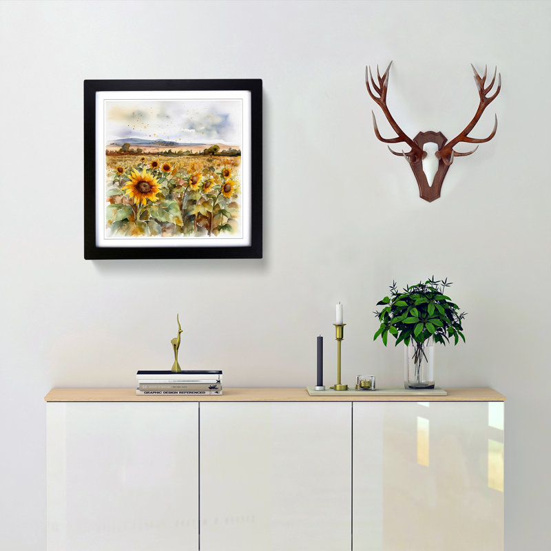 Sunflower Field Watercolour No.2 - Framed Print, Black