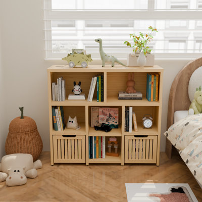 Bibliothèque à 8 cubes avec 2 tiroirs l 39 po x P 12,6 po x H 32,9 po avec rangement en bambou pour chambre d'enfant
