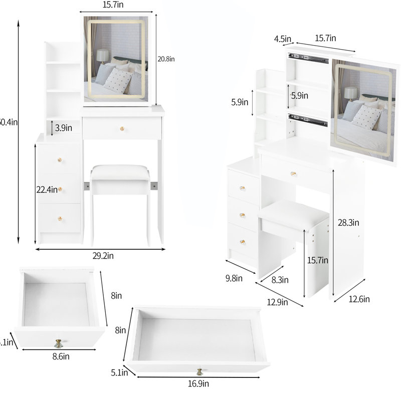 Left Bedside Cabinet Vanity - Sliding Led Mirror With 3 Color Options & Brightness Adjustable White , American Charm Mirror, Switching, Brightness, Cushioned Stool, Suited For Compact Spaces,