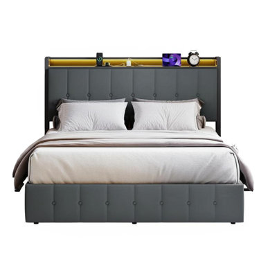 Cadre de lit King avec vérin hydraulique et étagères de tête de lit, lit plateforme rembourré avec prises USB et éclairage DEL – Sommier non requis, velours gris foncé