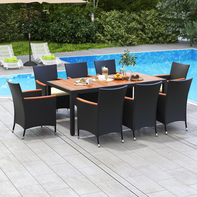 9 Pcs Patio Dining Set For 8 Large Conversation Set W/ Umbrella Hole Seat Cushion