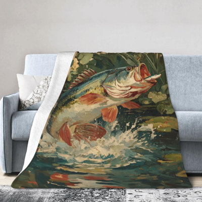 Fishing Largemouth bass Flannel Throw Blanket for Sofa Bed, " | Soft, Lightweight Flannel Fleece Blanket With Vibrant Print, Perfect For Sofa, Bed, Travel, Camping, And Everyday Comfort, 40 x 50 in