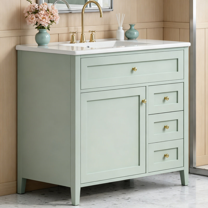 Meuble-lavabo autoportant avec lavabo, 3 tiroirs et tablette réglable, Light Green, H 33,9 po x l 36 po x P 18,3 po
