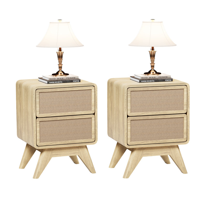 Natural Wood and Linen 2-Drawer Nightstand Set with Tapered Legs