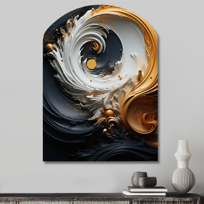 Liquide or noir et blanc tourbillonnant de magie - art mural asymétrique abstrait en forme d'arche