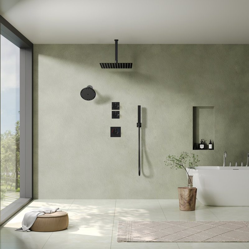  Thermostatic Dual Showerheads System, Ceiling Mount 12" High-Pressure Rainfall Shower Faucet with Handheld Spray