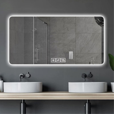 Miroir de salle de bain à DEL, résistant à la corrosion, à trois couleurs à intensité variable, miroir rétroéclairé avec fonction de désembuage à une touche