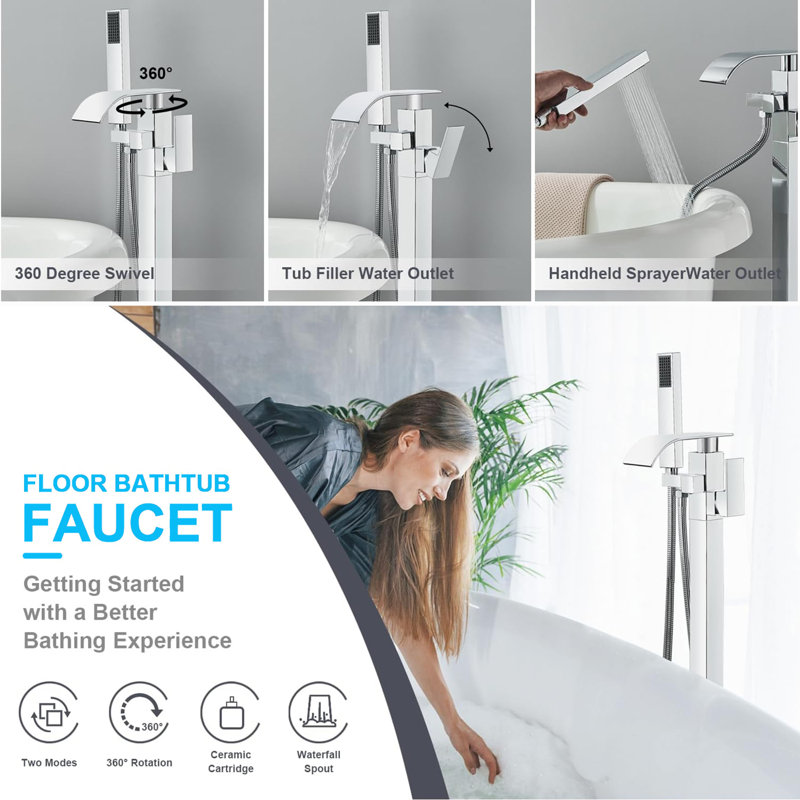 Arlennart Chrome Floor Mount Shower Faucet - Freestanding Single Handle Dual Function Shower System with Handheld Shower Head for Bathroom Bathtub