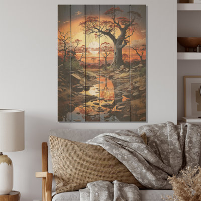 Baobab, scène surréaliste I - arbre baobab, art sur bois de pin naturel