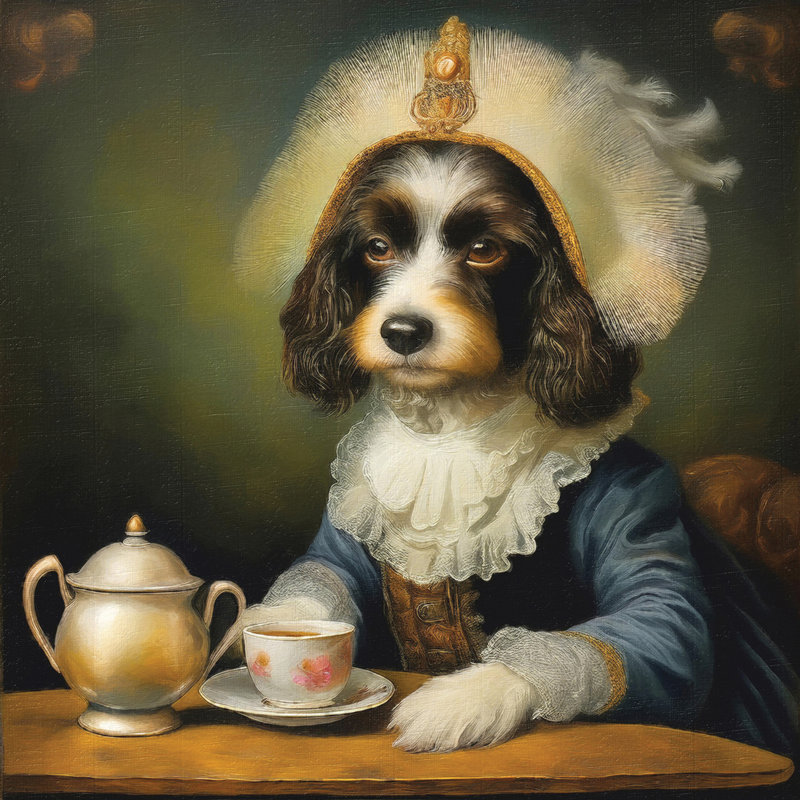 Victorian Dog at Tea 16x16