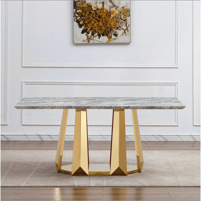 Marble Dining Table for 6 People, 70'' Rectangle Faux Marble Dining Table with Mirrored Finish Stainless Steel Base, Modern Large Size Marble Kitchen Table(only table)