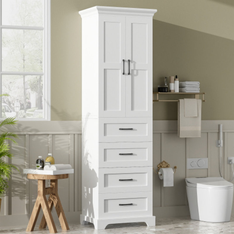 71.6" Freestanding Bathroom Vanity, 2 Damping-Hinge Doors & 3 Drawers, Adjustable Shelves, Black Iron Handles, PB Laminate & MDF Construction