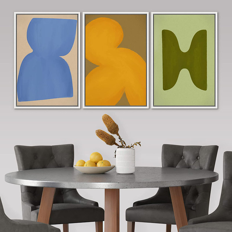 Vibrant Mid-Century Polygon Variété, formes abstraites, ensemble d'illustrations sur toile flottante 3 pièces, Blanc