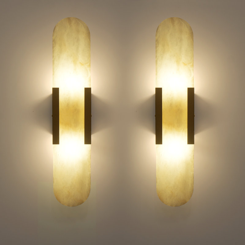 Modern 2-light Led Wall Sconce Set Of 2, Natural Alabaster Stone Wall Light Fixture For Bedroom Living Room Hallway, Gold