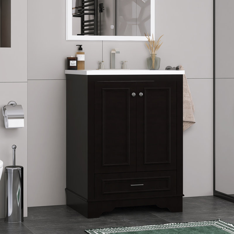 24 po Ensemble de meuble-lavabo autoportant avec comptoir en céramique, Noir, Argent argent