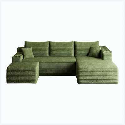 95" Cloud Sectional Sofa with 1 Ottoman, U-Shaped Modular Couch, Green((Plush Corduroy Fabric)