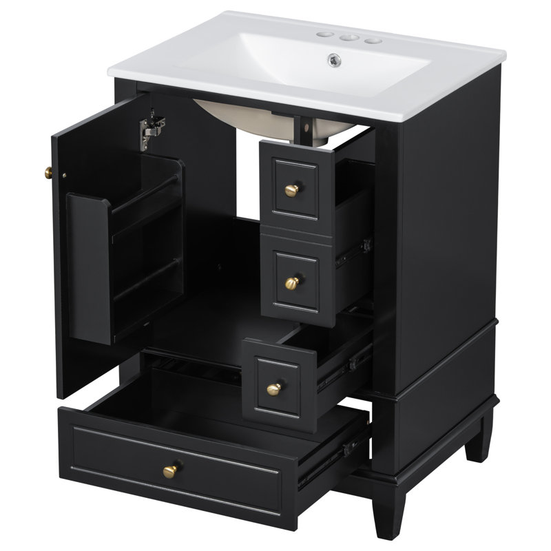 Meuble-lavabo moderne 24 po avec lavabo et tiroirs, armoire de rangement en bois massif (noir / blanc / bleu / vert), Noir