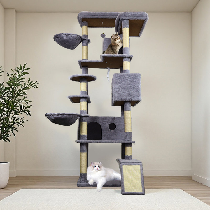 Tour pour arbre à chat 84 po gris foncé, grattoir, plateforme et installation simple avec finition, poteaux, condos spacieux pour compagnons félins