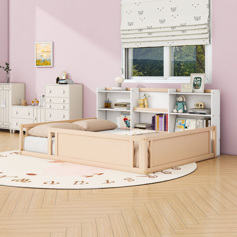Lit en bois avec barrière de sécurité et tablettes, Lit double, Blanc nu