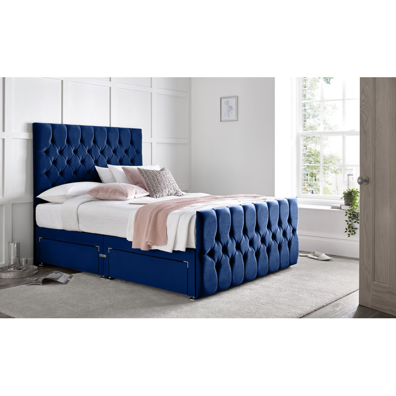 Fleisher Divan Bed with 54" Floorstanding Headboard, Blue, 2 Right Drawers, Super King (6')