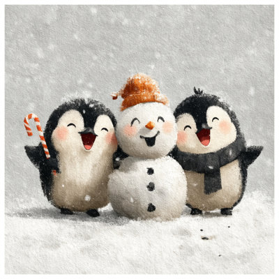 Penguins With Snowman Double Sided Throw Pillows