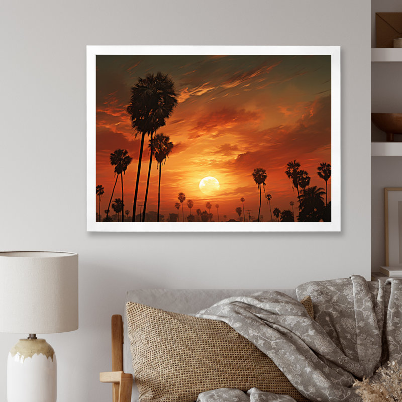 Coucher de soleil avec palmiers sur toile, H 24 po x l 32 po x P 1 po, Cadre photo blanc