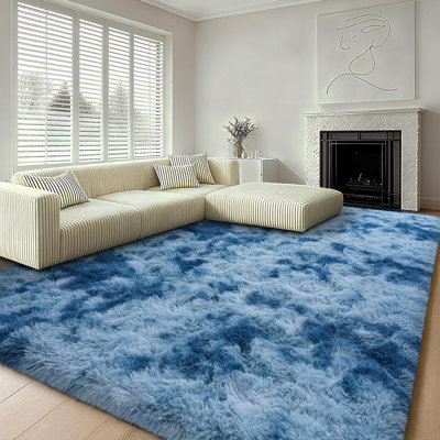 Fluffy Indoor Area Rug Thick, Non-Slip, Durable Tie-Dye Blue-Gray Holiday Decor Ideal for Living Room, Hallway, Bedroom