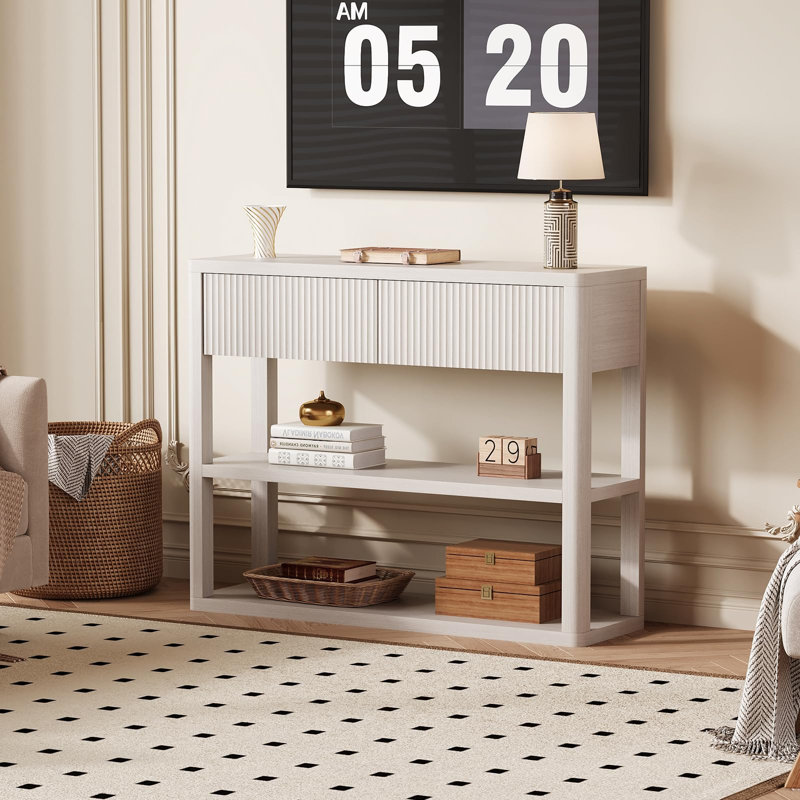 34.6" Tall Fluted Console Table with 2 Drawers, 3-Tier Entryway Sofa Table with Storage Shelves