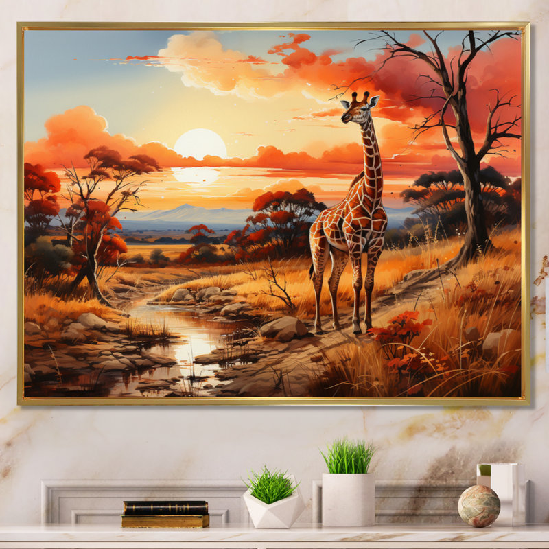 Girafes d'Afrique dans la savane I sur toile, H 34 po x l 44 po x P 1,5 po, Cadre flottant doré