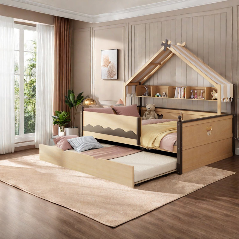 Lits de jour avec rangement, entièrement en bois MDF de style ferme pour chambre d'enfant, Brun