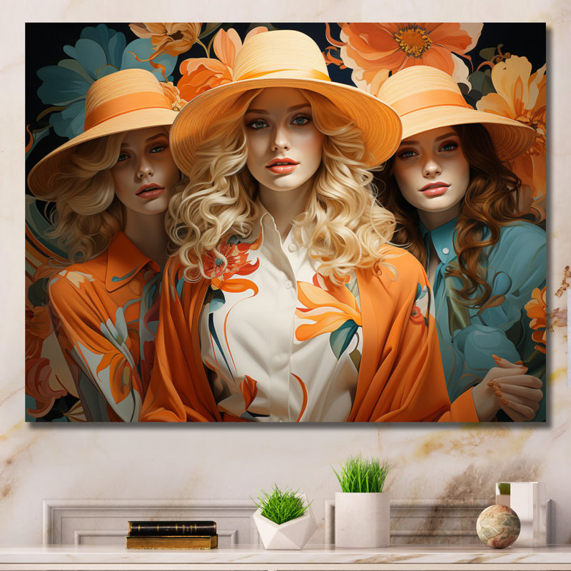 «Orange Fashion Hat Women I», reproduction sur toile, 24" H x 32" W, Gold Picture Framed