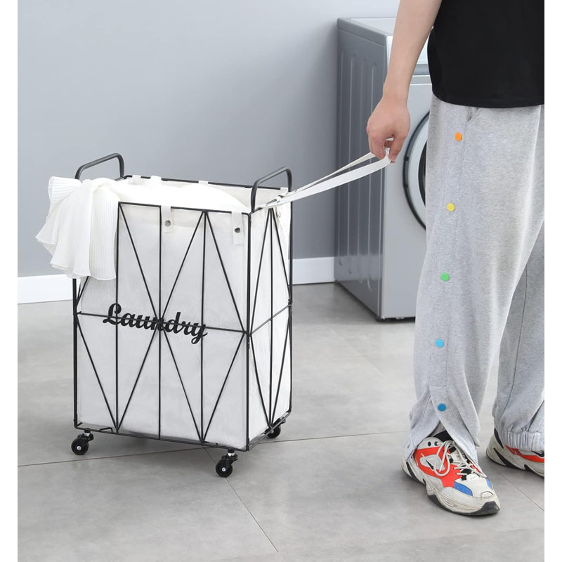 Collapsible Rolling Iron Wire Laundry Hamper, Gold