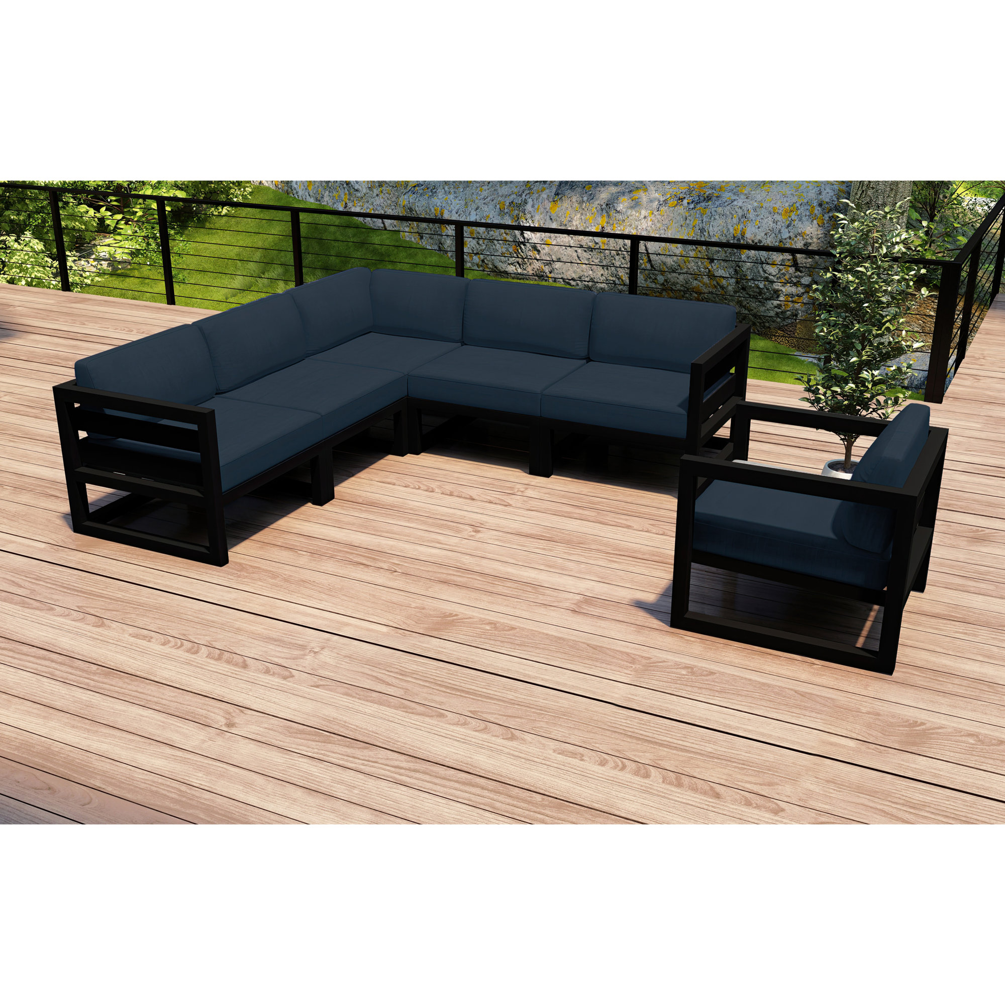 Smith 94" Outdoor Sectional with Sunbrella® Cushions, Black, Spectrum Indigo Sunbrella®