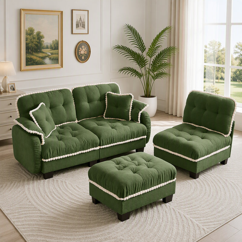 Canapé en L Chenille Cloud avec repose-pieds et 4 coussins, vert, 3-Seater & 1-Ottoman, Green