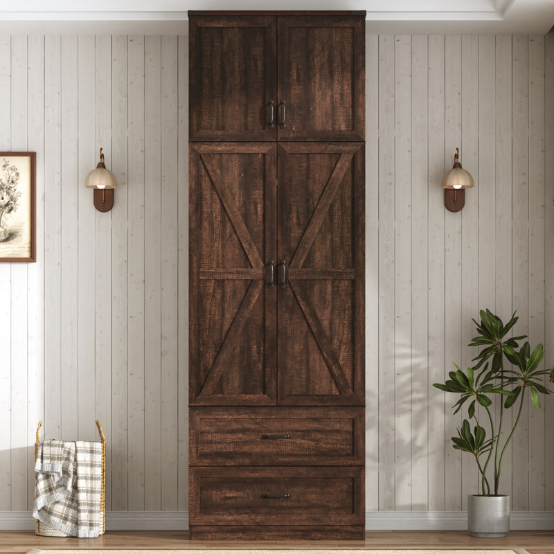 Armoire-penderie de 239 cm de haut avec 2 portes, éclairage DEL à détecteur de mouvement, 2 tiroirs et portes coulissantes de style grange. Meuble de rangement en bois avec compartiment supérieur. Parfait pour la chambre à coucher. Couleur : marron.