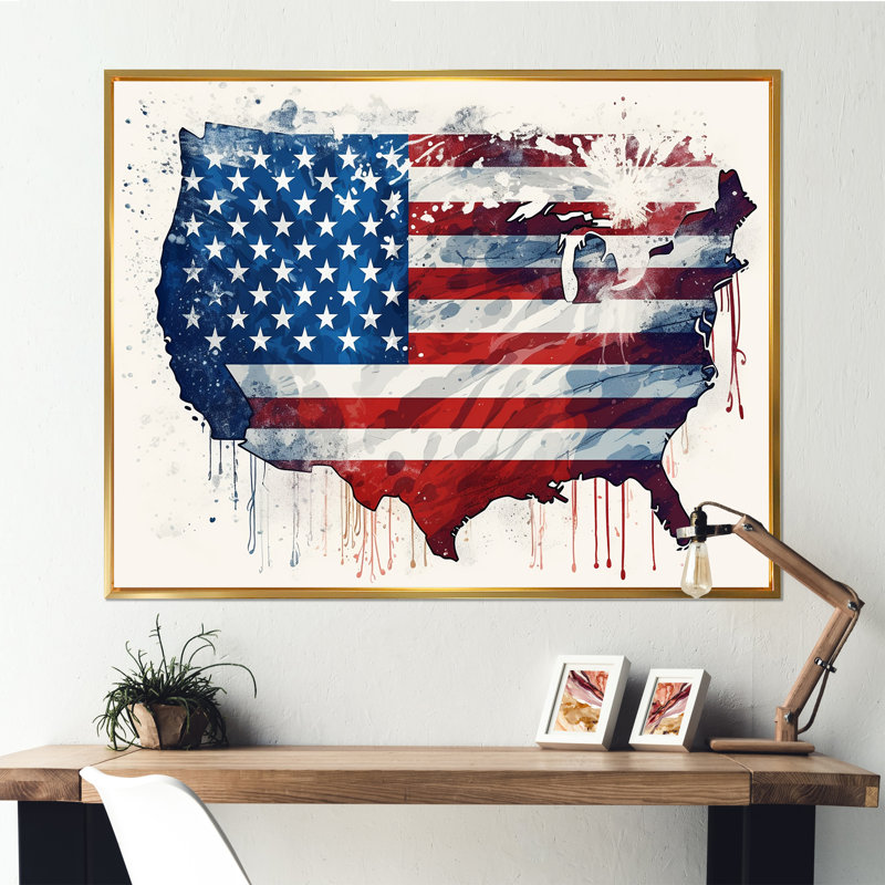 Aquarelle, drapeau américain IV - drapeau États-Unis, art mural, Cadre flottant doré, H 12 po x l 20 po x P 1 po
