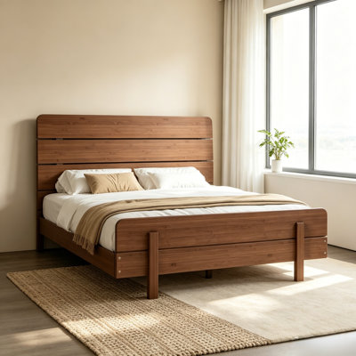 Lit plateforme en bambou pleine grandeur avec tête de lit, support à lattes en bois robuste, aucun sommier requis, cadre de lit antibruit avec rangement sous le lit, mobilier de chambre moderne pour adultes, marron.