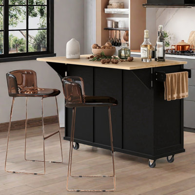 Îlot de cuisine avec comptoir rabattable, 5 roulettes, armoire de rangement, tablettes ouvertes et 3 tiroirs
