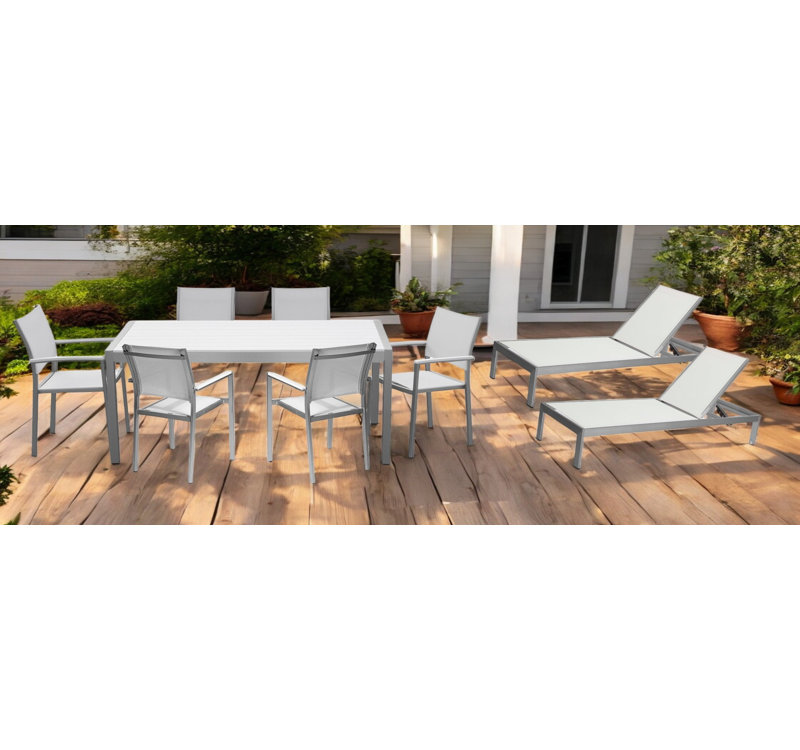 Ensemble de salle à manger d'extérieur 9 pièces Pangea Home Aynura X-David, Argent brossé