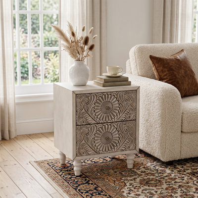  18“ Carved Wooden Nightstand with Two Drawers