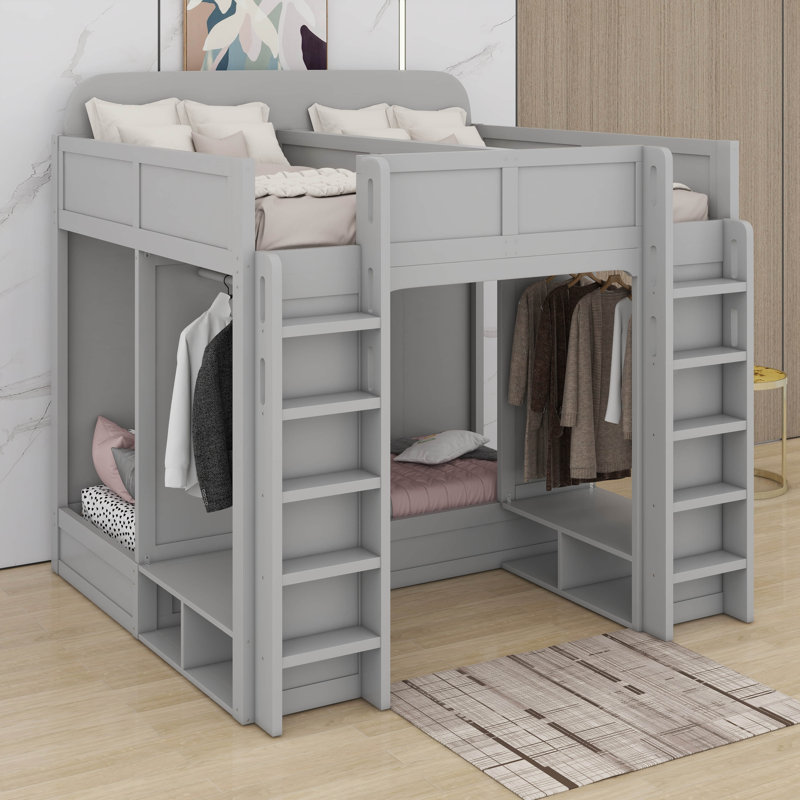 Lit superposé triple avec tablettes et crochets de rangement, simple + simple sur simple TG, gris