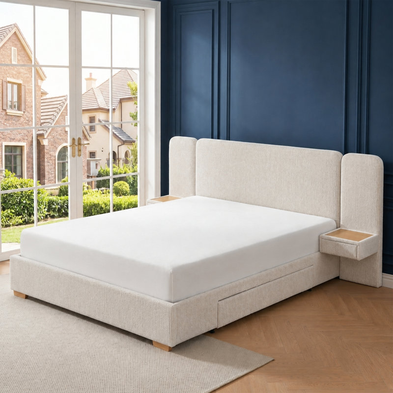 Grand lit plateforme tapissier avec tables de chevet flottantes et 2 tiroirs de rangement, grand, crème, Grand lit, Crème
